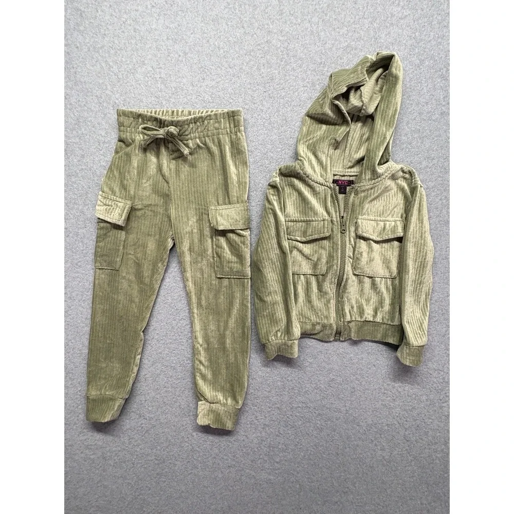NYC Girls 4T Sage Green Ribbed Velour Tracksuit Zip Hoodie Cargo Joggers Set